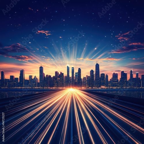 A vibrant cityscape at sunset with bright light trails, symbolizing movement towards the future and urban energy. photo