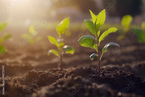 Close-up of young trees being planted in an eco-friendly farming environmen photo