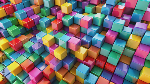 Background comprised of colorful three-dimensional cubes, abstract, geometric, pattern, design, colorful, cubes,shapes, backdrop