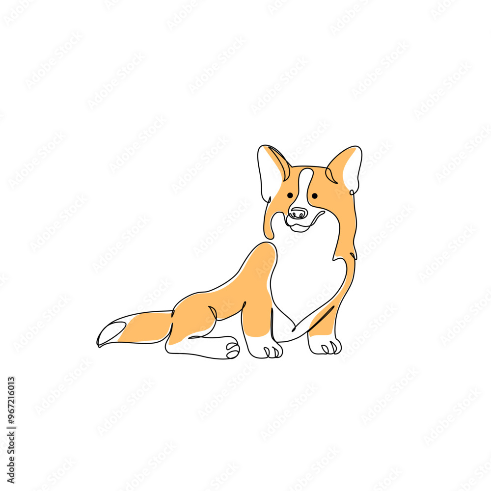 Fototapeta premium Abstract corgi dog drawing. Continuous one line art of canine pet. Funny corgi dog sitting isolated on white background. Vector minimalistic linear illustration. Domestic breed contour shape symbol.