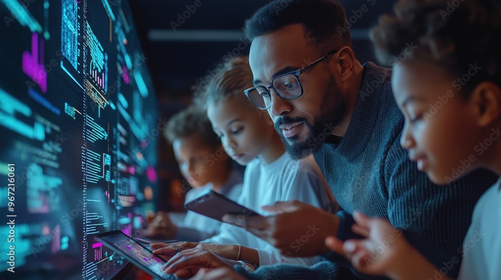 Futuristic High-Tech Classroom: Teacher Guiding Students with AI on Tablets in Interactive Learning Environment Futuristic High-Tech Classroom: Teacher Guiding Students with AI on Tablets in Interactive Learning Environment