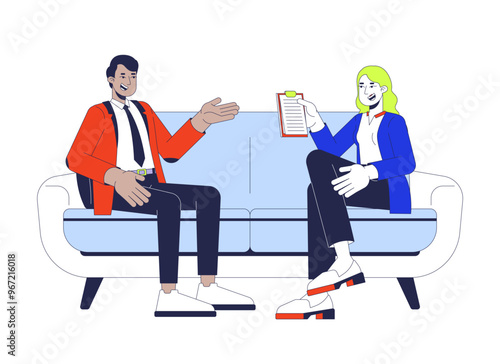 Female interviewer conducting interview job candidate 2D cartoon characters. Blonde woman interviewing indian man on couch isolated people flat vector on white background. Spot illustration colorful