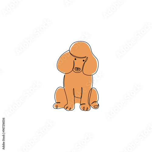 Cute Poodle isolated on white background. Abstract dog drawing. Continuous one line art of canine pet. Funny Poodle dog sitting. Vector minimalistic linear illustration. Domestic breed for logo, sign