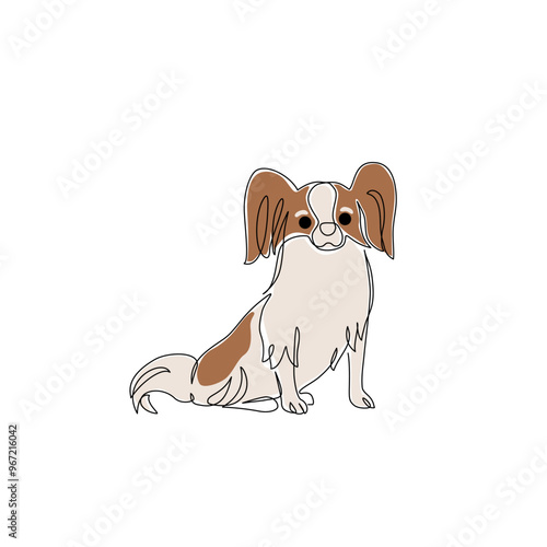 Cute Papillon isolated on white background. Abstract dog drawing. Continuous one line art of canine pet. Funny papillon dog sitting. Vector minimalistic linear illustration. Domestic breed