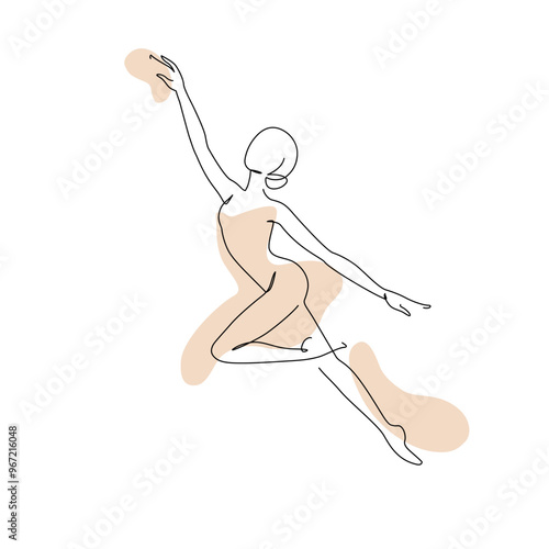 Elegant motion continuous line art drawing of a dancer, woman doing sport, ballerina. Beauty dancer, freedom concept. Minimal poster print art. Trendy one line draw design vector graphic illustration