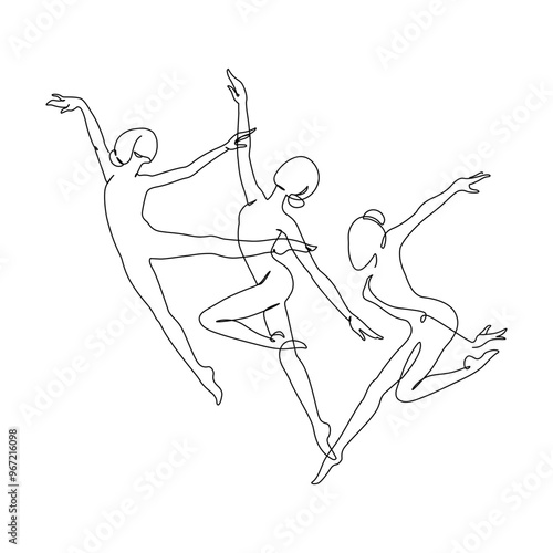 Elegant motion continuous line art drawing of women doing sport, dancing, ballerinas. Beauty dancer, freedom concept. Minimal poster print art. Trendy one line draw design vector graphic illustration