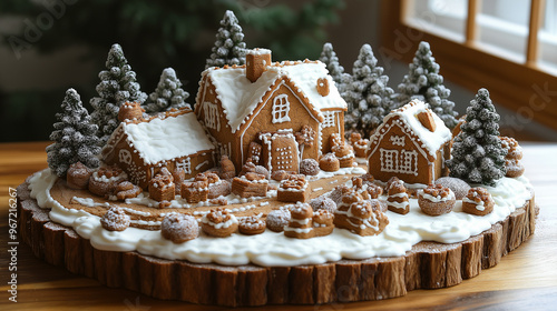 Gingerbread house cake with white icing. 