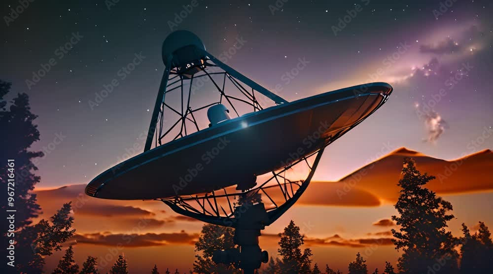 Satellite dish scanning the starry sky at dusk technology meets nature 4k animation Satellite dish scanning the starry sky at dusk technology meets nature 4k animation