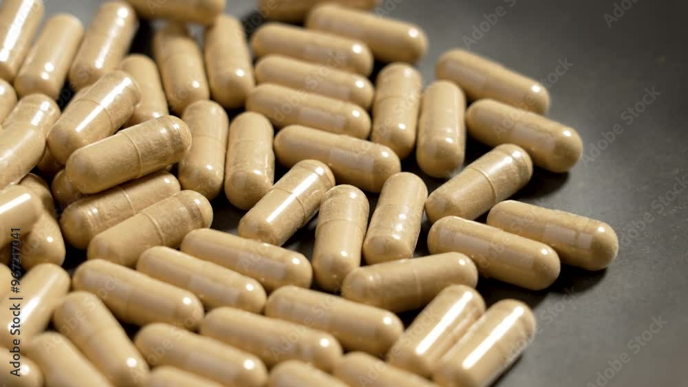 Ashwagandha capsules for enhanced stress relief and improved overall health in grey bowl. Rotation. Macro Ashwagandha capsules for enhanced stress relief and improved overall health in grey bowl. Rotation. Macro