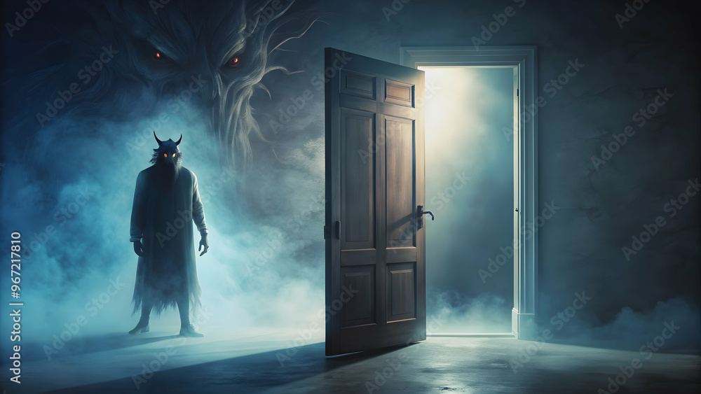 A spooky open door night light revealing a mystic monster lurking in the shadows, mystic, monster, nightmare A spooky open door night light revealing a mystic monster lurking in the shadows, mystic, monster, nightmare