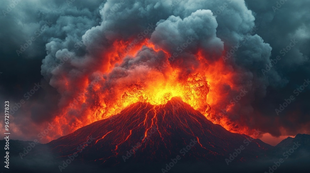 Fototapeta premium Lava Flowing from Erupting Volcano Engulfing Everything in Its Path in Dramatic Volcanic Eruption Landscape with Molten Destruction and Deep Depth of Field