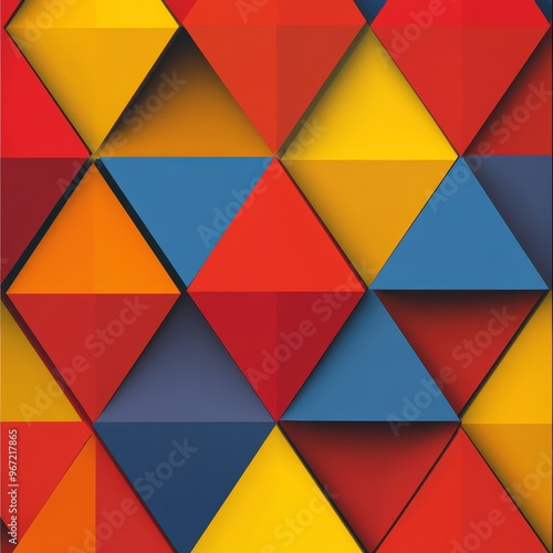 A red, yellow and blue layered triangular background that offers a vibrant and dynamic visual experience. The triangles are arranged in a unique pattern, with each layer adding depth and dimension. Th