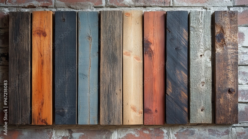 Swatches of reclaimed wood in rustic style, showcasing a range of finishes from raw to polished, on a brick background Swatches of reclaimed wood in rustic style, showcasing a range of finishes from raw to polished, on a brick background
