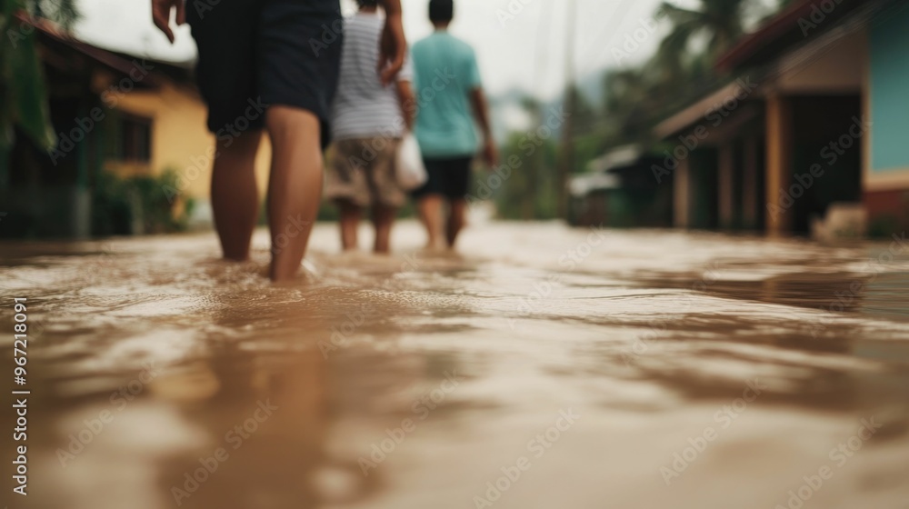 Family Evacuates Home as Floodwaters Rise Carrying Essential Belongings to Safety During Emergency Flood Response and Disaster Relief Efforts Family Evacuates Home as Floodwaters Rise Carrying Essential Belongings to Safety During Emergency Flood Response and Disaster Relief Efforts