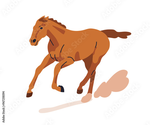 Galloping horse running fast. Thoroughbred stallion in motion. Powerful equine breed kicking up dust, rushing with speed, power. Strong steed. Flat vector illustration isolated on white background