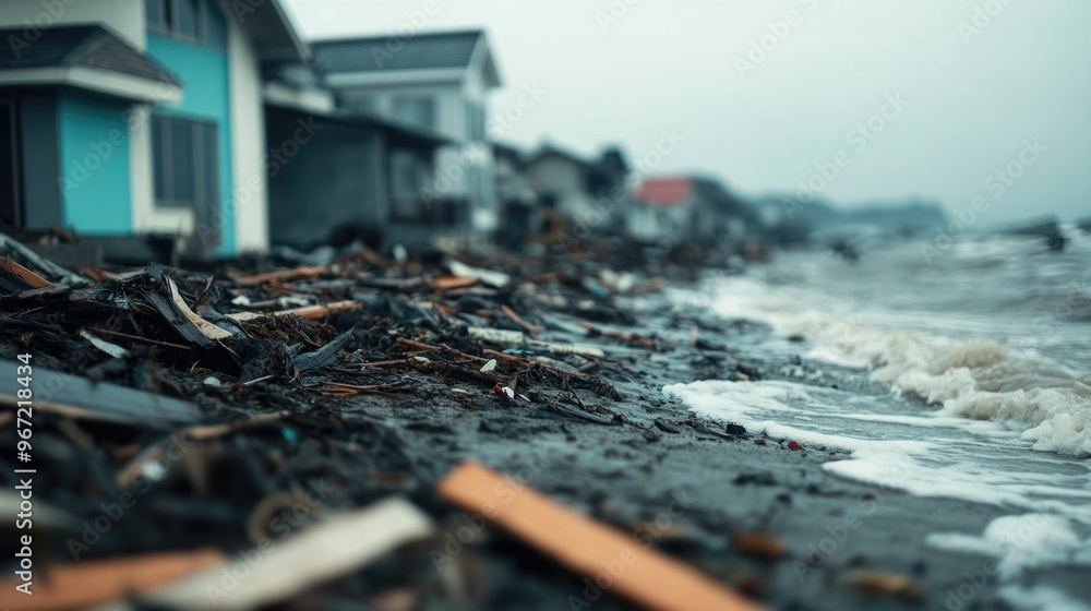 The aftermath of a devastating tsunami that has hit a coastal town leaving a scene of destruction with scattered debris and wreckage strewn across the shoreline The aftermath of a devastating tsunami that has hit a coastal town leaving a scene of destruction with scattered debris and wreckage strewn across the shoreline