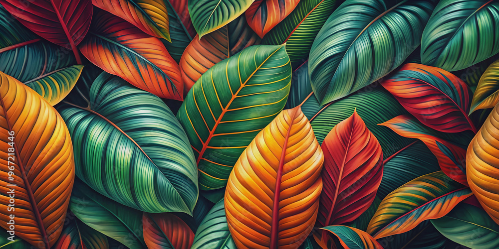 Vibrant tropical leaf pattern in rich green, orange, and crimson hues , tropical, pattern, vibrant, intricate, leaves, colors Vibrant tropical leaf pattern in rich green, orange, and crimson hues , tropical, pattern, vibrant, intricate, leaves, colors