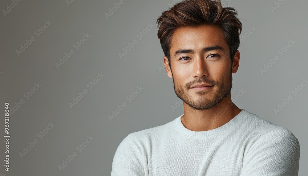 beautiful brutal asian man on light background copy space, portrait, copy space beautiful brutal asian man on light background copy space, portrait, copy space