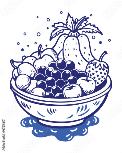 A hyperrealistic illustration of a blue and white ceramic fruit bowl filled with a variety of fruit.