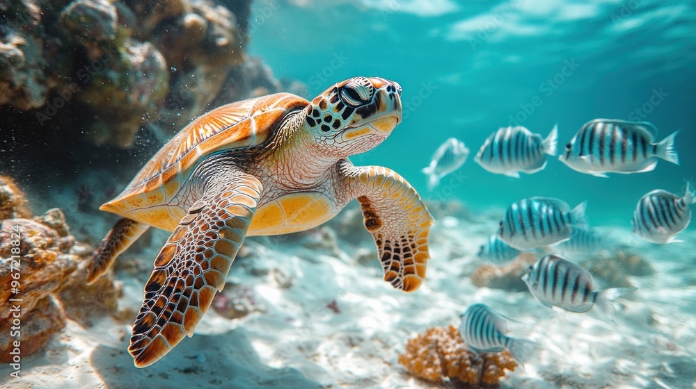 Sea Turtle Swimming in a Coral Reef Sea Turtle Swimming in a Coral Reef