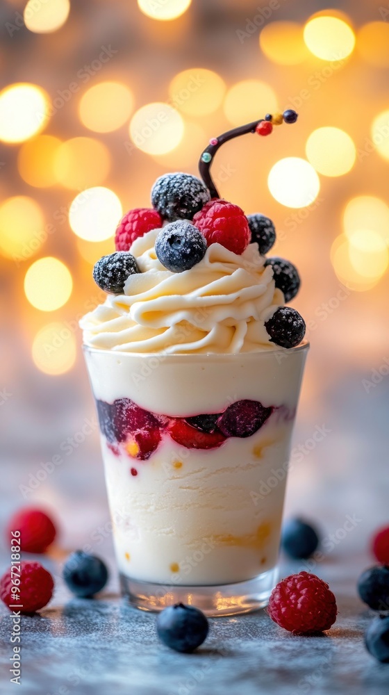 A glass of creamy dessert topped with whipped cream, berries, and a chocolate garnish, set against a warm, bokeh background. A glass of creamy dessert topped with whipped cream, berries, and a chocolate garnish, set against a warm, bokeh background.
