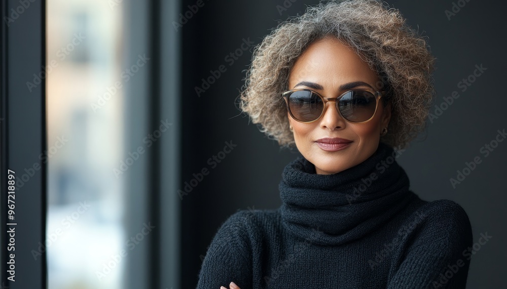 beautiful elegant black woman with curly hair in sunglasses, copy space beautiful elegant black woman with curly hair in sunglasses, copy space