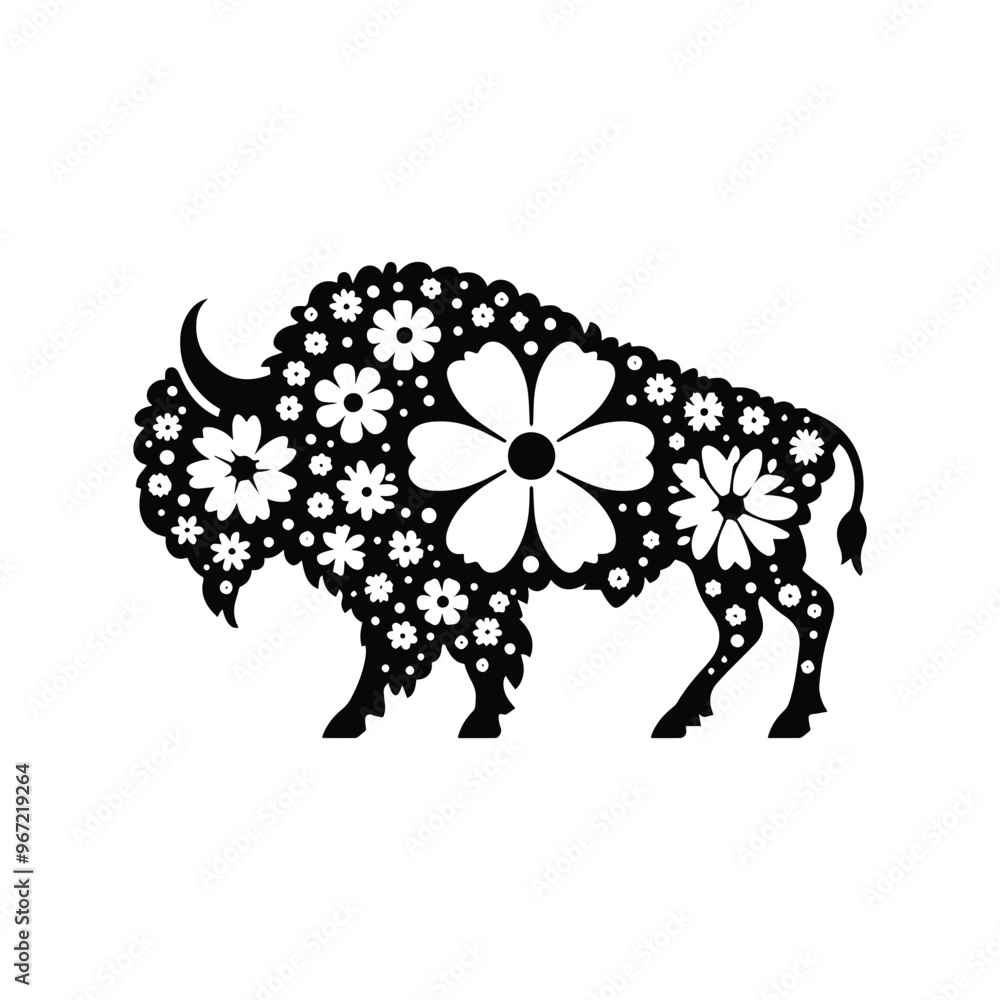 Bison made by simple flower drawing, black and white animal illustration Bison made by simple flower drawing, black and white animal illustration