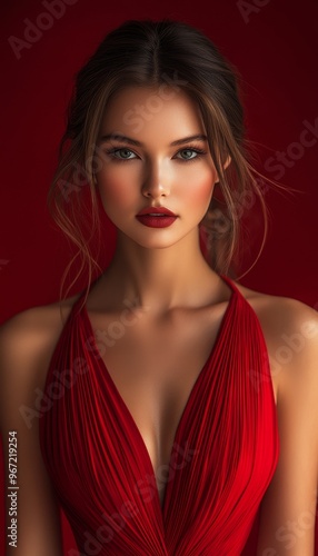 beautiful caucasian brunette woman in red dress with bright makeup on red background