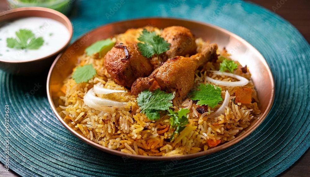 A vibrant plate of Indian Chicken Biryani, with layers of spiced basmati rice, tender marinated chicken, and crispy fried onions. A vibrant plate of Indian Chicken Biryani, with layers of spiced basmati rice, tender marinated chicken, and crispy fried onions.