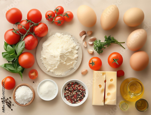 Spanish omelette ingredients arranged on a beige background