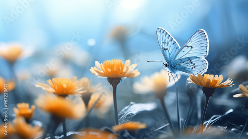 a small blue butterfly on a background of yellow flowers in the morning mist of spring. wildlife on the flower field, the concept of eco cleanliness of ecology and freedom