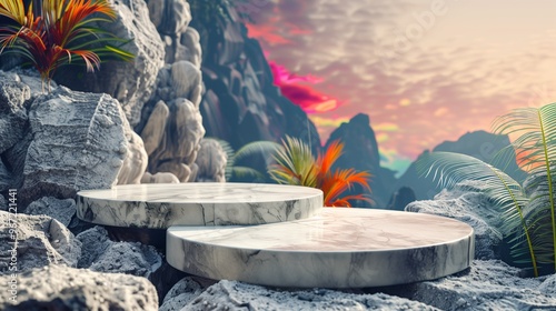 : A modern podium made of smooth marble, positioned on a rocky mountain with tropical foliage and an abstract, vibrant background.