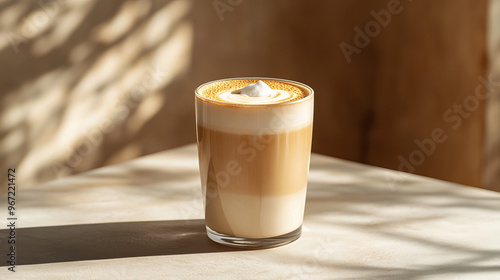 Creamy Latte drink in modern off-white minimalist trendy stylish vegan plant-based cafe bar setting with stucco concrete wall, product photography, outdoors, sunny, beverage, bright, shadow play