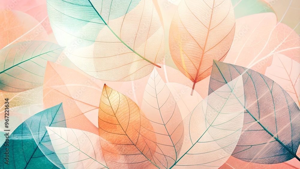 Delicate pastel leaves arranged in a soft gradient background, creating a serene atmosphere Delicate pastel leaves arranged in a soft gradient background, creating a serene atmosphere