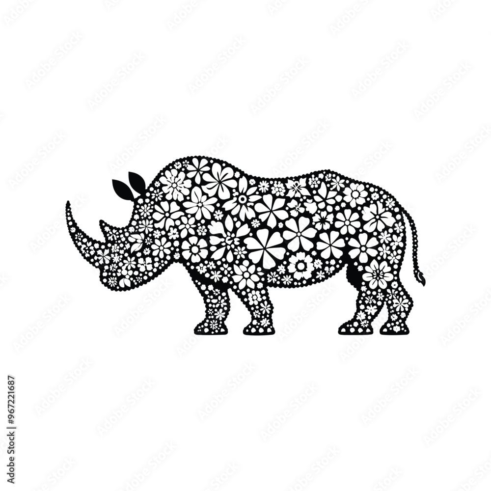 Fototapeta premium Rhinoceros made by simple flower drawing, black and white animal illustration