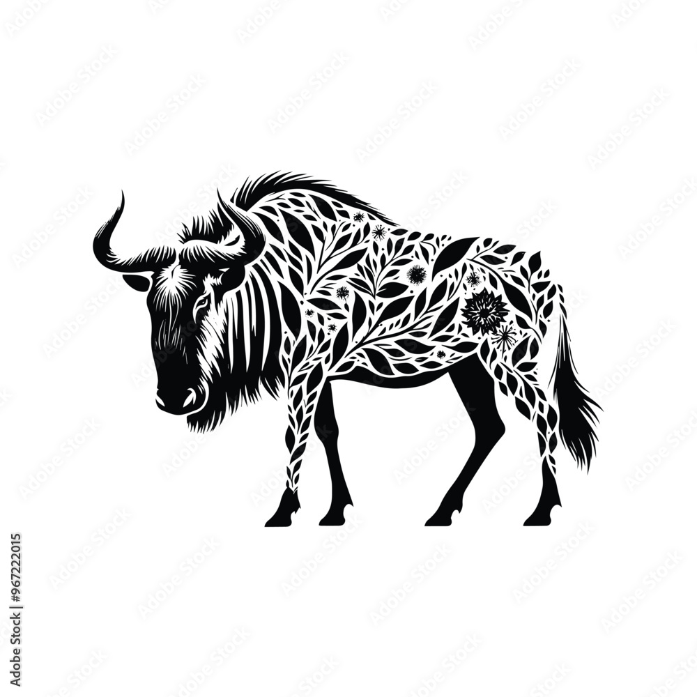 Fototapeta premium Wildebeest made by simple botanical drawing, black and white animal illustration black and white animal illustration