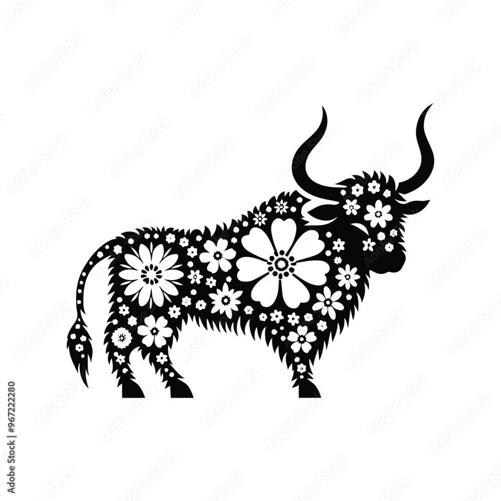 Obraz premium Yak made by simple flower drawing, black and white animal illustration