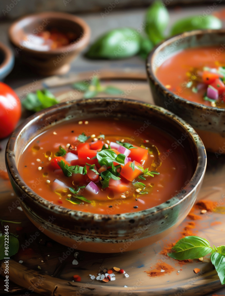 Close up of fresh Gazpacho with basil and spices on a wooden table Close up of fresh Gazpacho with basil and spices on a wooden table