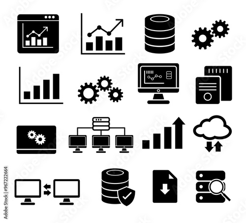 data analysis, server icon set (eps). cloud computing conceptual icons can be used in growth, chart, economy, data center, connection, protection, firewall, data security etc concept.