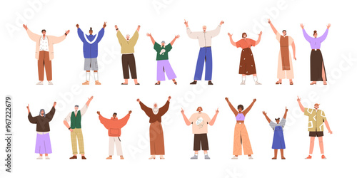 Happy people with raised hands, gesturing with arms. Excited characters with joyful expressions, emotions for victory celebration, support. Flat vector illustrations set isolated on white background