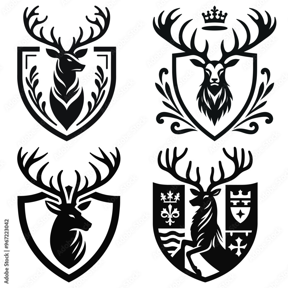 Fototapeta premium Deer emblem vector illustration, black and white, heraldic design for branding or logos