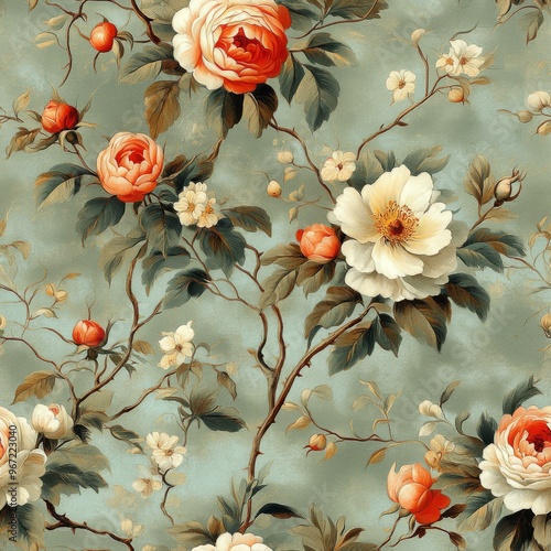 Vintage Floral Pattern with Roses and White Flowers - Seamless Pattern