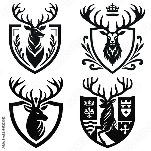 Deer emblem vector illustration, black and white, heraldic design for branding or logos