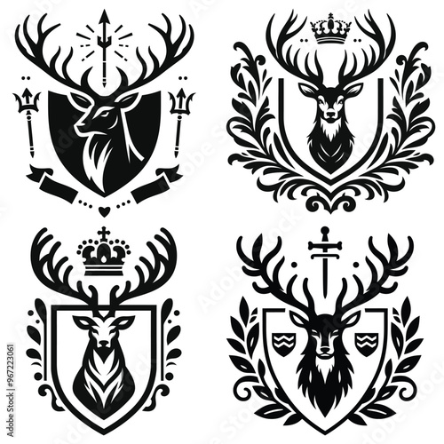 Regal deer crest vector illustration, black and white, detailed, perfect for emblem designs