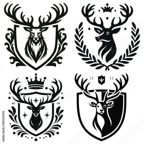 Elegant heraldic deer crests vector illustrations, black and white, perfect for logos or emblems