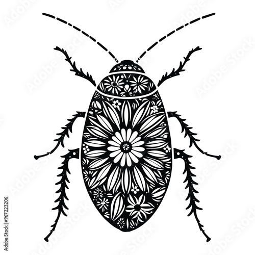cockroach insect made by simple flower drawing, black and white animal illustration