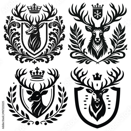 Heraldic deer crests, black and white, vector illustration, perfect for logos and emblems