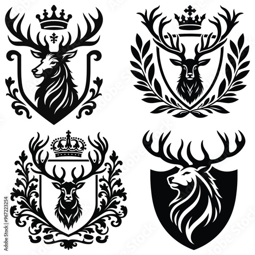 Royal deer crests and shields, black and white vector illustration, ideal for heraldry designs