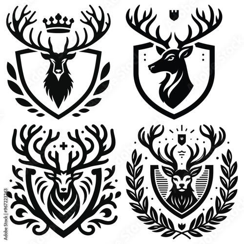 Heraldic deer crests vector illustration black and white on white background, coat of arms design