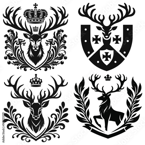 Regal stag emblems vector illustration black and white crest designs on white background